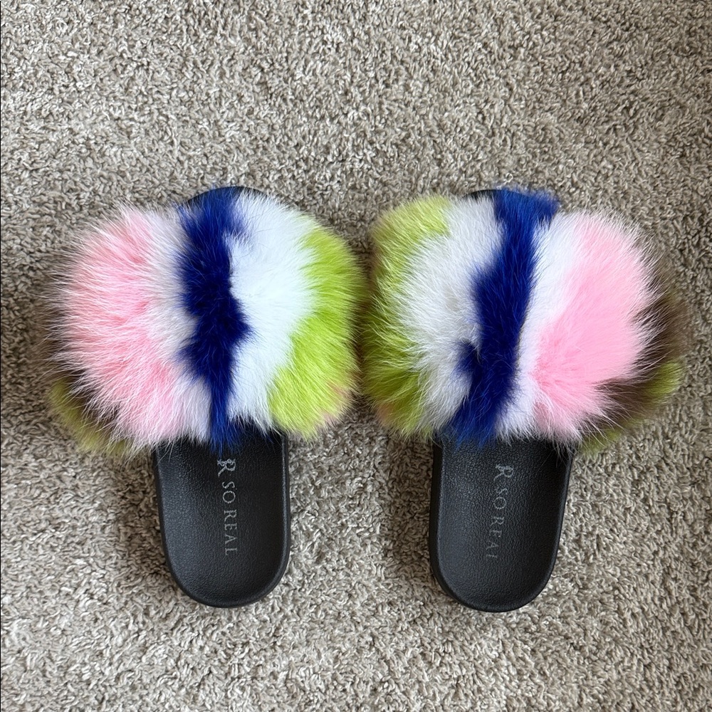 Multicolor Fox Fur Slide Slippers - Pink, Blue, Lime